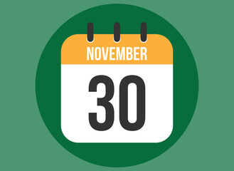 30 November green calendar vector. Calendar november with circle in background clear.