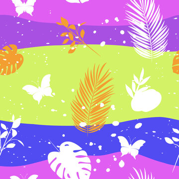 Colorful seamless pattern with nature motif. Silhouettes of flowers, twigs, butterflies, palm leaves and monstera. Colored stripes. Prints, packaging design, textiles, bedding and wallpaper.