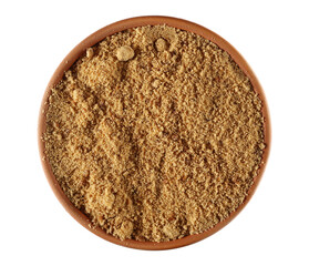Obraz na płótnie Canvas Unrefined brown cane sugar in clay pot isolated on white, top view