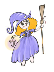 color illustration kids cartoon style postcard print design element purple and orange shades halloween holiday theme funny character cat girl in witch costume with broom isolated on white background