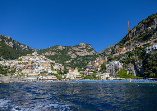 Sea level views of the tourist town of Positano on the Italian Amalfi coastline 