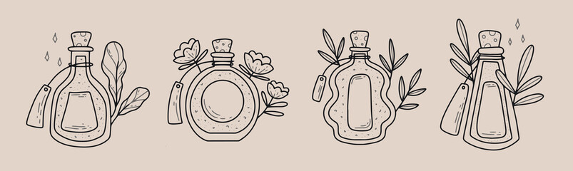 Set of hand drawn Bottles with Magic Potions. Vector Vintage Witchcraft elements 