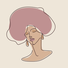 Line art woman face.Hair salon, beauty studio, makeup illustration.Fashion, cosmetics and spa icon isolated on light fund.Lady portrait.Afro hairstyle model.Luxury,glamour logo.