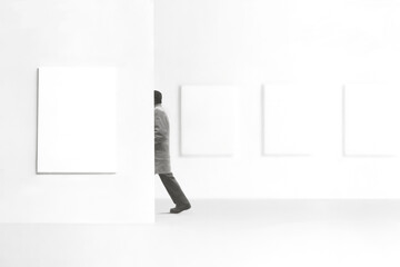 Illustration of man visiting art museum gallery, art minimal white gallery 