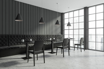 Corner view on modern dark cafe interior with panoramic window