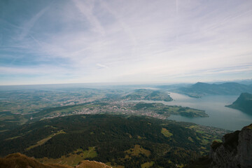 Fototapeta na wymiar Lucerne's very own mountain, Pilatus, is one of the most legendary places in Central Switzerland. And one of the most beautiful. On a clear day the mountain offers a panoramic view of 73 Alpine peaks