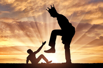 Selfishness. The big man with the crown on his head intends to destroy the little man - obrazy, fototapety, plakaty