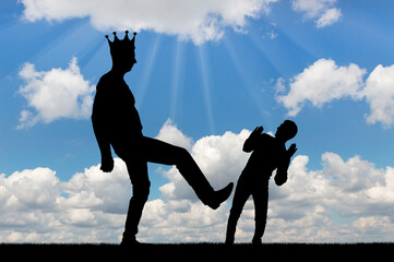 Selfishness and arrogance. The big man with the crown on his head wants to kick the little man