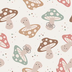 Cute Kawaii Hand Drawn Seamless vector pattern with mushrooms. Cute drawing doodle cartoon characters.Design for scrapbooking, paper goods, background, wallpaper, fabric and all your creative project.