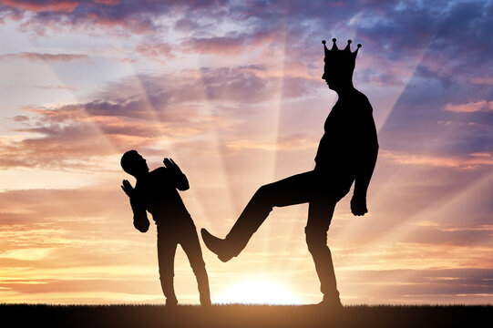 Selfishness. The big man with the crown on his head intends to kick the little man
