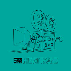 Vintage camera with film roll in line art design for audio visual heritage day design