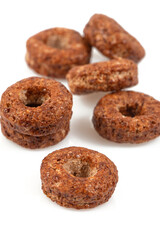 Chocolate rings, quick breakfast for kids isolated on white background.