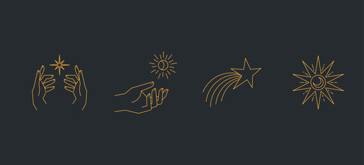 Aesthetic hands and cosmic and celestial elements. Universal cosmos related icons. Linear vector illustrations. Magic and Witchcraft symbology.