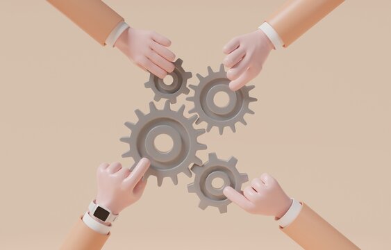 Hand of people helping to connect cogwheel gear, collaboration, teamwork, partnership concept, 3d render illustration.