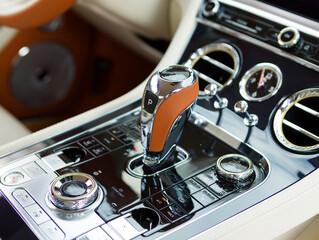 gear shift lever in a powerful modern car and drive mode switching buttons
