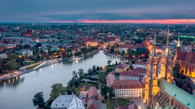 Wrocław Old Town day to night drone hyperlapse 4K
