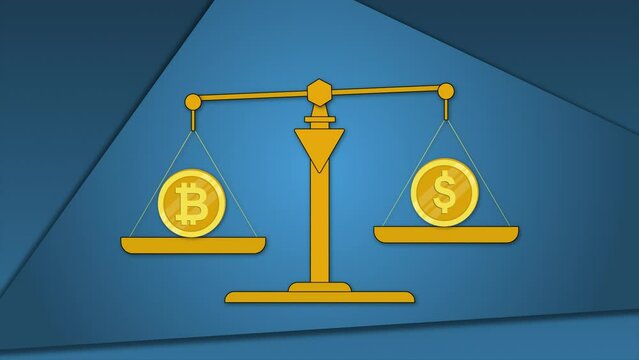 Bitcoin and US Dollar on weight scale 2D animation. Fiat money and crypto symbols balance on leverage. Finance, technology, blockchain, USD, fiat, btc.
