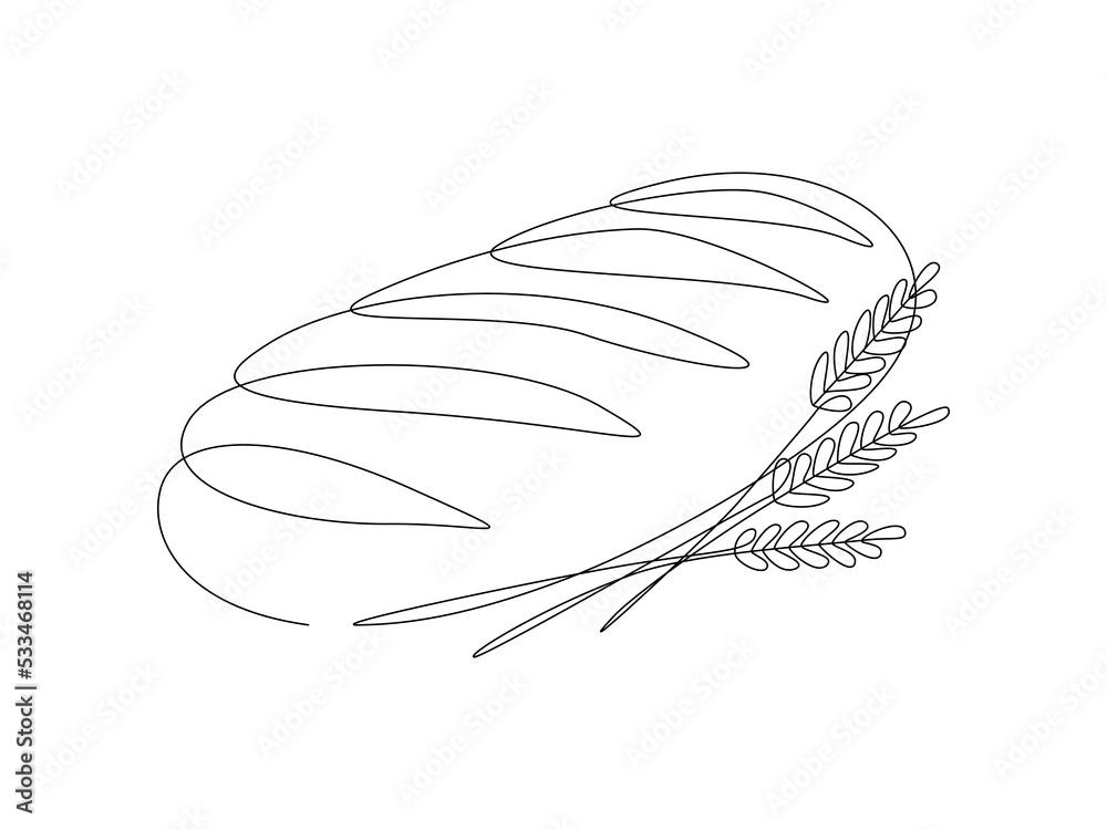 Poster one continuous line drawing of french baguette bread. baking loaf logo for bakery shop with plant wh