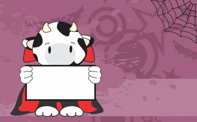 cow kid cartoon with dracula costume holding empty billboard copy space illustration halloween background