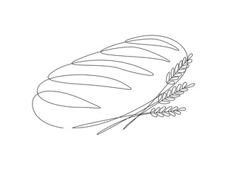 One continuous line drawing of french baguette bread. Baking loaf logo for bakery shop with plant wheat in simple linear style. Outline editable stroke. Doodle vector illustration