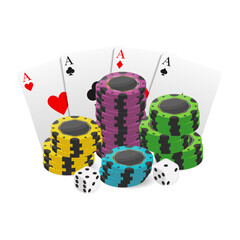 Casino and poker chips, game dice, four of a kind card combination. Element for design creation. Realistic style.