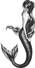 PNG engraved style illustration for posters, decoration and print. Hand drawn sketch of mermaid in monochrome isolated on white background. Detailed vintage woodcut style drawing. Mermaid	
