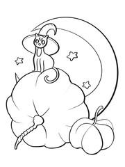 simple contour line sketch cartoon childish style design element print cover postcard halloween black cat in witch hat sits on pumpkins on moon background