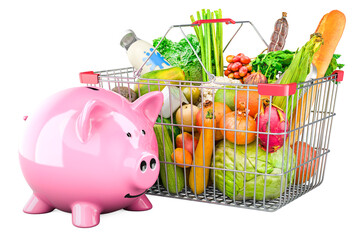 Piggy bank with shopping basket full of products. Savings concept, 3D rendering