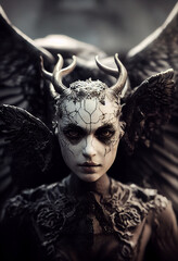 Evil witch with horns and wings - obrazy, fototapety, plakaty