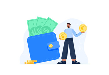 Financial concept. Personal budget, relationship with money, economic growth. A young man earns money from a successful deal or investment. Vector flat illustrations isolated on the white background.