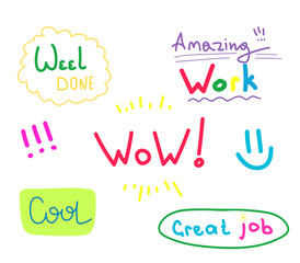 multi-colored doodle stickers. Work and great work stickers. Vector doodles
