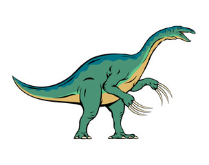 Fototapeta premium Ancient pangolin therizinosaurus. Long claws on paws. Herbivorous dinosaur of the Jurassic period. Prehistoric animal and paleontology. Vector cartoon art illustration isolated on a white background