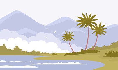 Fototapeta na wymiar Landscape with tropical forest and palm trees. Mountain, lake and shore. Green rainforest. Cartoon vector illustration. Wildlife background