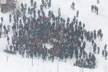 crowd of people in winter