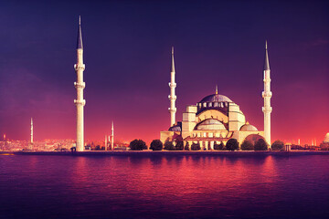 islamic mosque in sunset lights