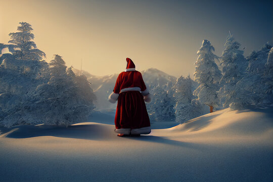 santa Klaus walking in winter landscape