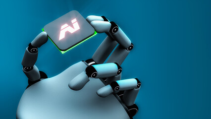 a robot holds an artificial integince chip (3d rendering)