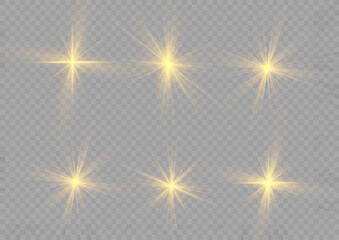 Golden light flare effect with stars, sparkles and glitter. Yellow glowing lights explodes on transparent background. Shiny glow star with stardust, gold lens flare. Sun flash with rays. Vector.