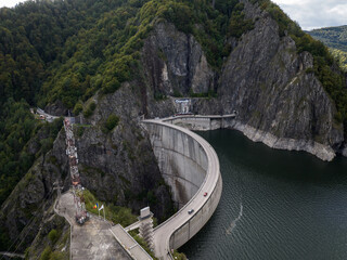 Aerial view of the Vidraru Reservoir in the Fagaras Mountains in Romania