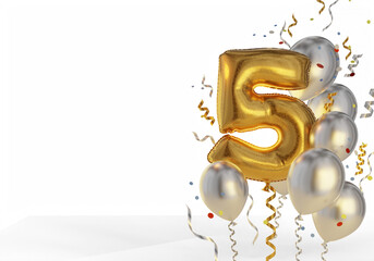 Celebration card template with congratulations on the fifth anniversary. Balloons made of gold and silver foil. Confetti and ribbons with balloons. 3d rendering.