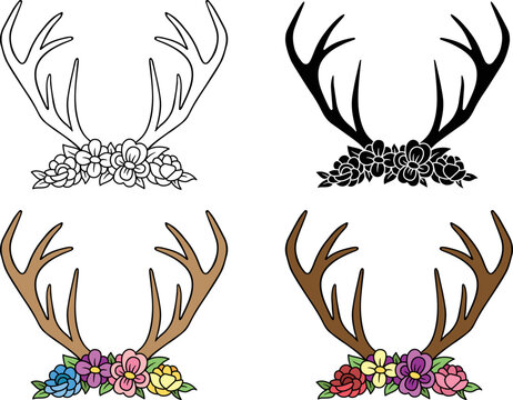 Deer Antlers With Flowers Clipart Set - Outline, Silhouette & Color