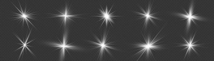 Set of glowing white stars bursts with sparkles. Sunlight special lens flare light effect. Shine, sparks, flash on transparent background. Glowing lights, star sparkl. Transparent shining sun. Vector.