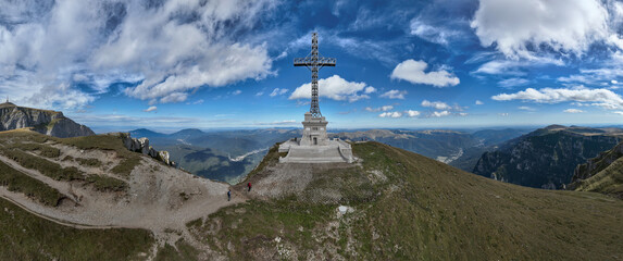 View of the Cross of Heroes on Mount Caraiman in the Bucegi Mountains, Romania