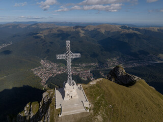 View of the Cross of Heroes on Mount Caraiman in the Bucegi Mountains, Romania