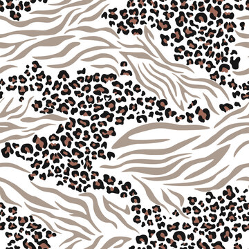 Animal pattern mix leopard zebra seamless trendy design, vector print. Texture