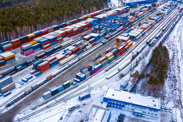 Aerial view of shipping container port terminal