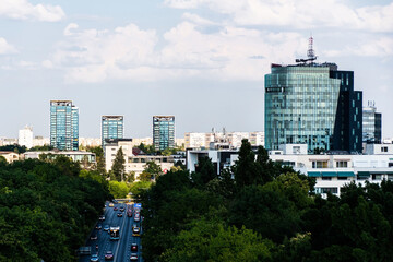 View of Bucharest with the Charles de Gaulle Plaza building and Romanian Television, the One United buildings from Floreasca and the Piata Victoriei with the Orange building. Romania.
