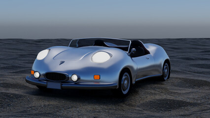 Fototapeta na wymiar Silver sports car cabriolet on an isolated background with sand. Original design. 3d illustration
