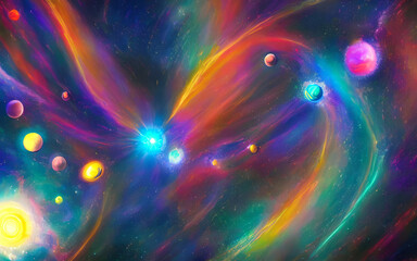 The solar system is a dreamy, psychedelic place. The planets are bright and colourful, and the stars twinkle in the background. It's a beautiful sight to behold.
