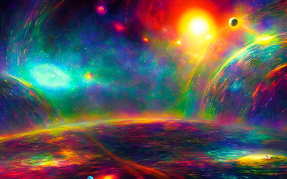 A dreamy, psychedelic solar system is adrift in a deep black background. The bright planets and stars seem to be floating in a haze of colorful swirling gases.